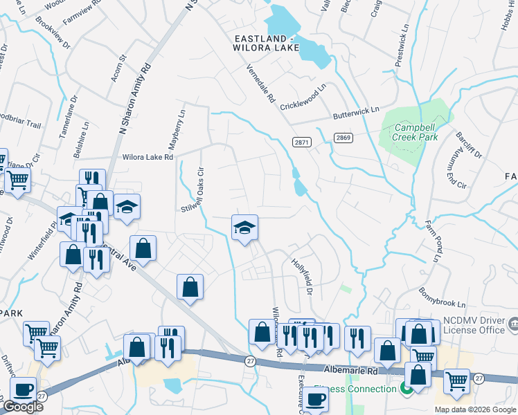 map of restaurants, bars, coffee shops, grocery stores, and more near 6616 Vernedale Glen Drive in Charlotte