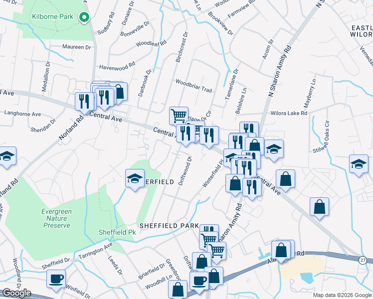 map of restaurants, bars, coffee shops, grocery stores, and more near 3840 Driftwood Drive in Charlotte