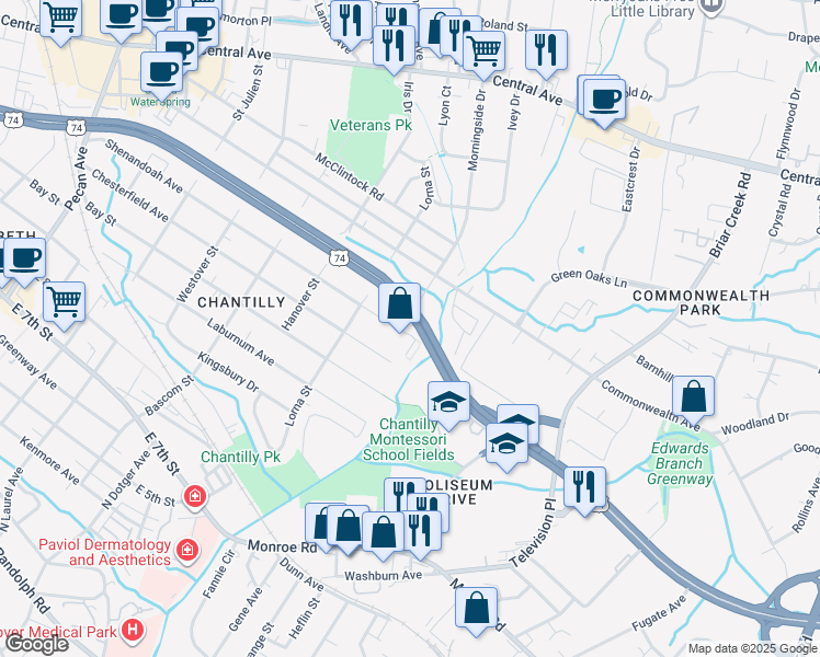 map of restaurants, bars, coffee shops, grocery stores, and more near 2672 Shenandoah Avenue in Charlotte
