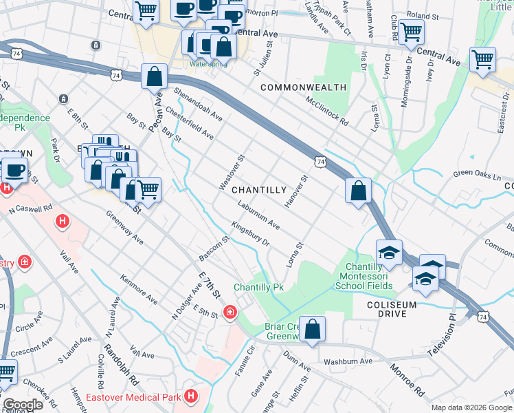 map of restaurants, bars, coffee shops, grocery stores, and more near in Charlotte