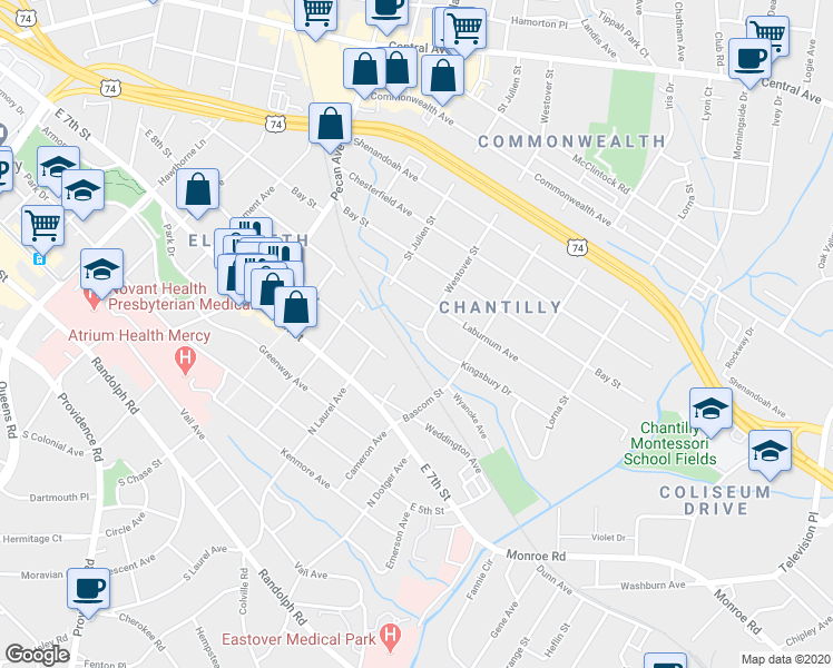 map of restaurants, bars, coffee shops, grocery stores, and more near in Charlotte