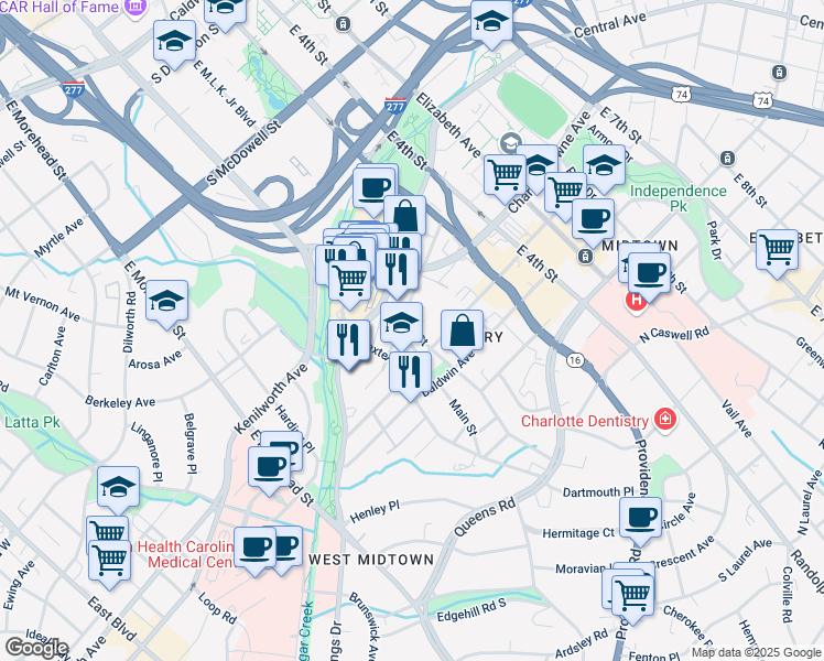 map of restaurants, bars, coffee shops, grocery stores, and more near 1408 Main Street in Charlotte