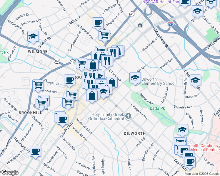 map of restaurants, bars, coffee shops, grocery stores, and more near 330 East Kingston Avenue in Charlotte