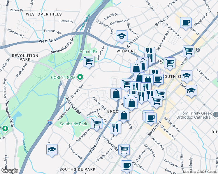 map of restaurants, bars, coffee shops, grocery stores, and more near in Charlotte