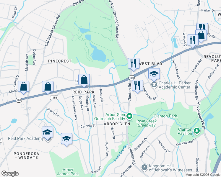 map of restaurants, bars, coffee shops, grocery stores, and more near 2157 West Boulevard in Charlotte