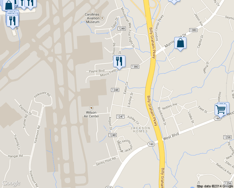 map of restaurants, bars, coffee shops, grocery stores, and more near 5305 Airport Drive in Charlotte