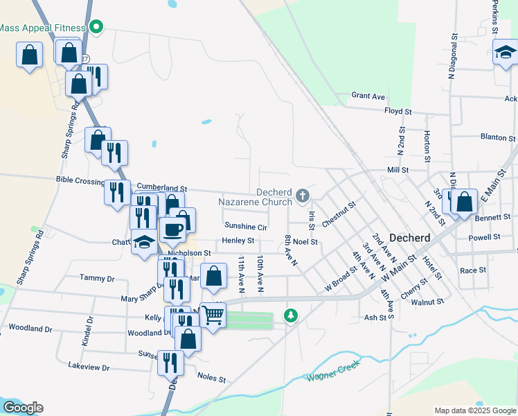 map of restaurants, bars, coffee shops, grocery stores, and more near 65 Sunshine Drive in Decherd