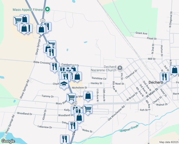 map of restaurants, bars, coffee shops, grocery stores, and more near 297 Sunshine Circle in Decherd