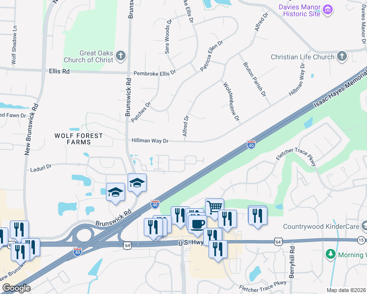 map of restaurants, bars, coffee shops, grocery stores, and more near 8941 Hillman Way Drive in Bartlett