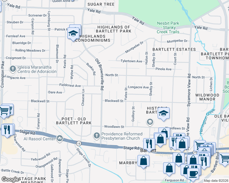 map of restaurants, bars, coffee shops, grocery stores, and more near 3121 Marr Cove in Bartlett