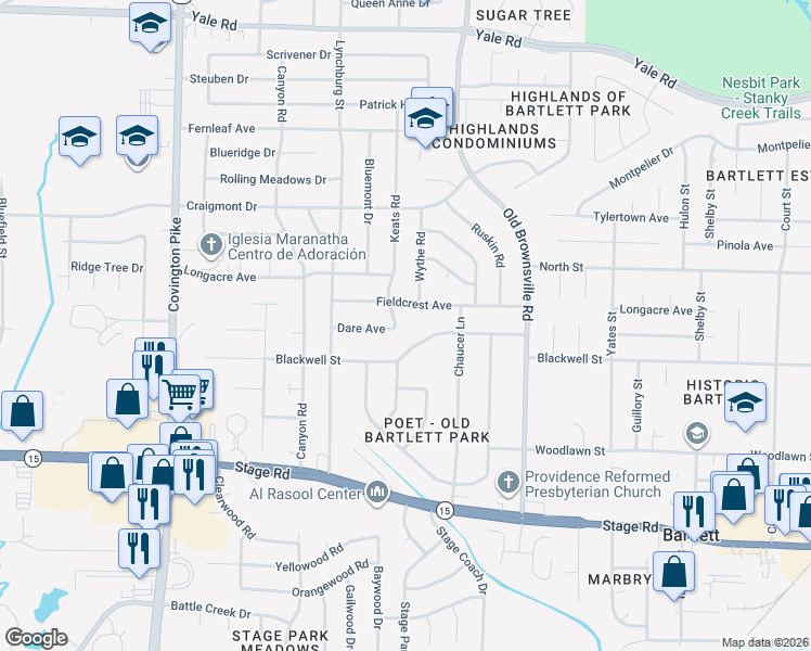 map of restaurants, bars, coffee shops, grocery stores, and more near 5317 Dare Avenue in Memphis
