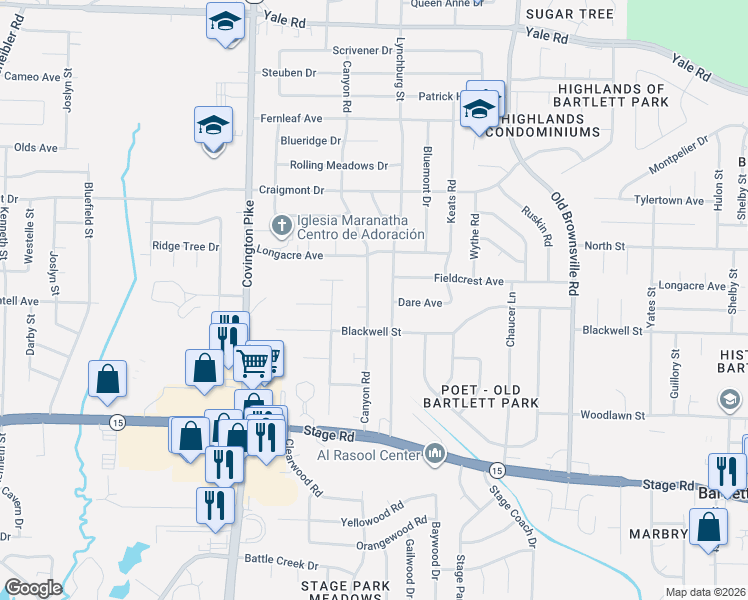 map of restaurants, bars, coffee shops, grocery stores, and more near 3130 Canyon Road in Memphis