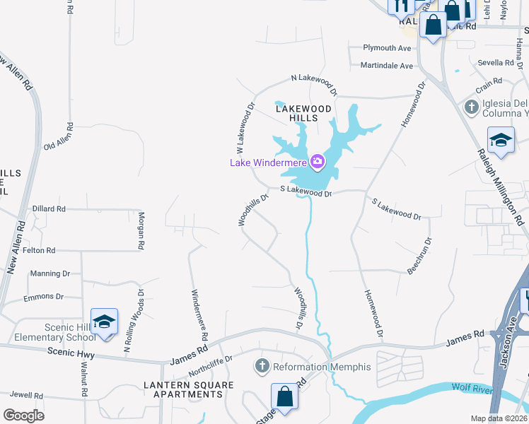 map of restaurants, bars, coffee shops, grocery stores, and more near 3733 Winderwood Circle in Memphis