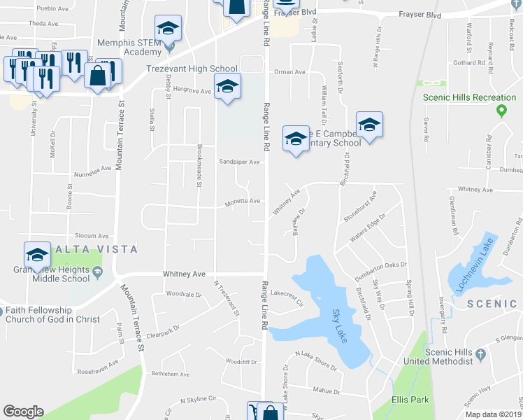 map of restaurants, bars, coffee shops, grocery stores, and more near 3131 Range Line Road in Memphis