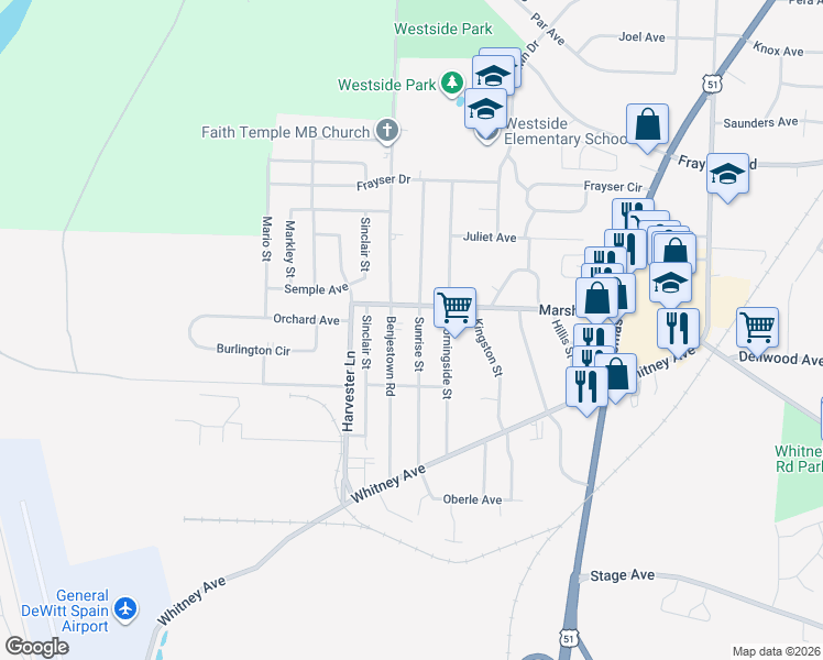 map of restaurants, bars, coffee shops, grocery stores, and more near 3136 Benjestown Road in Memphis