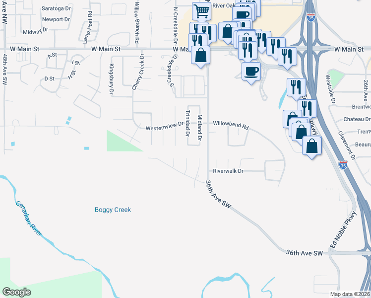 map of restaurants, bars, coffee shops, grocery stores, and more near 600 Shadow Crest Court in Norman