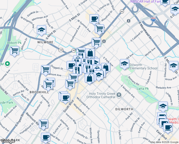 map of restaurants, bars, coffee shops, grocery stores, and more near 1801 South Boulevard in Charlotte