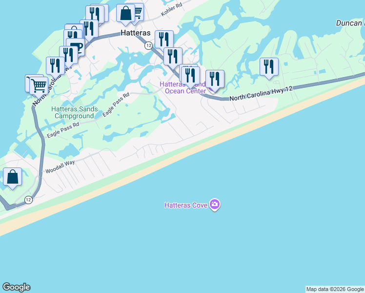 map of restaurants, bars, coffee shops, grocery stores, and more near 57175 Lighthouse Road in Hatteras