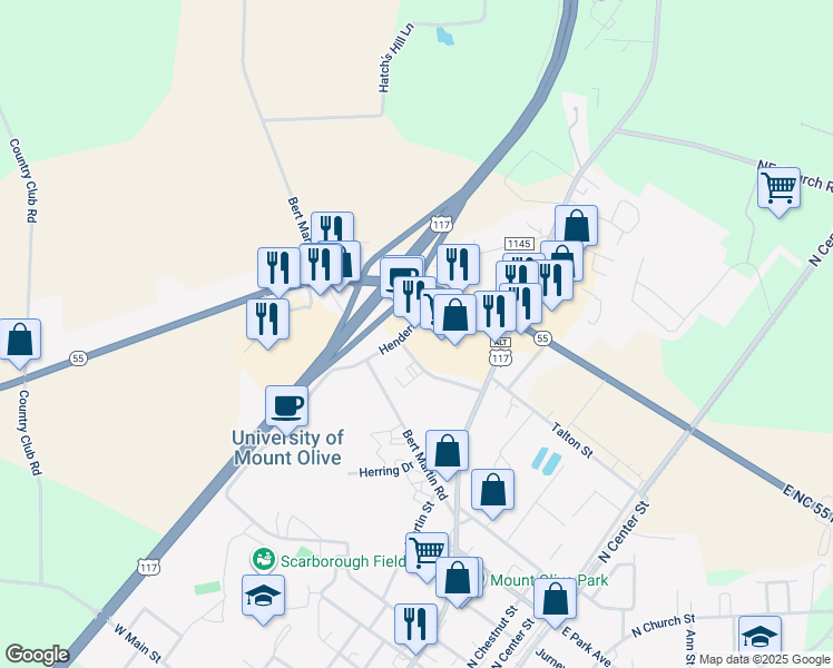 map of restaurants, bars, coffee shops, grocery stores, and more near 1037 North Breazeale Avenue in Mount Olive