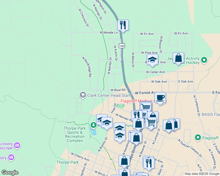 map of restaurants, bars, coffee shops, grocery stores, and more near 1122 North Navajo Drive in Flagstaff