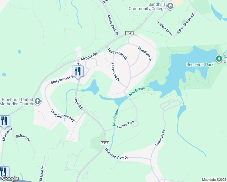 map of restaurants, bars, coffee shops, grocery stores, and more near 140 Lakeside Court in Pinehurst