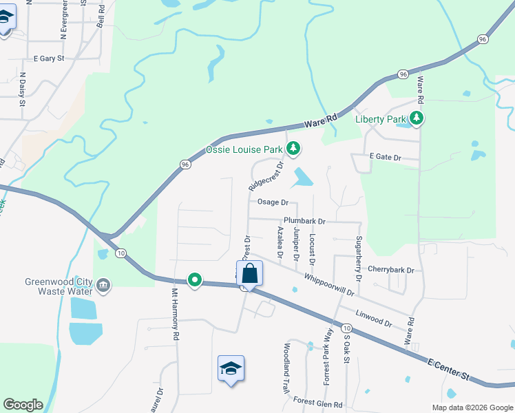 map of restaurants, bars, coffee shops, grocery stores, and more near 1460 Plumbark Drive in Greenwood