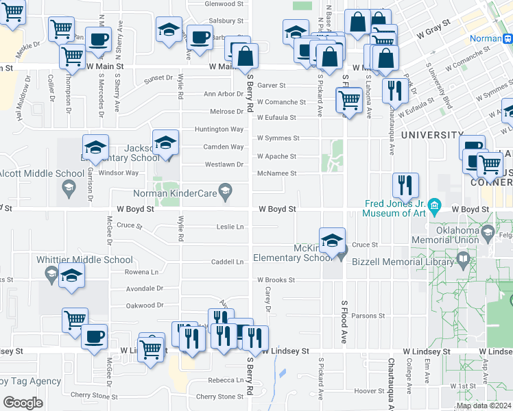 map of restaurants, bars, coffee shops, grocery stores, and more near 1035 West Boyd Street in Norman