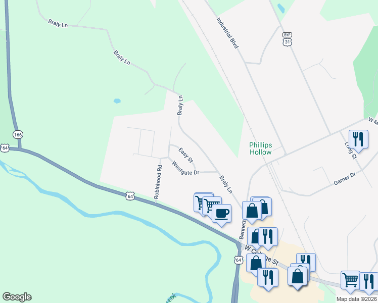 map of restaurants, bars, coffee shops, grocery stores, and more near 107 Easy Street in Pulaski