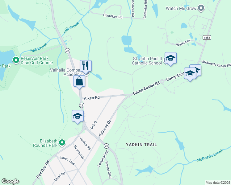 map of restaurants, bars, coffee shops, grocery stores, and more near 360 Aiken Road in Southern Pines