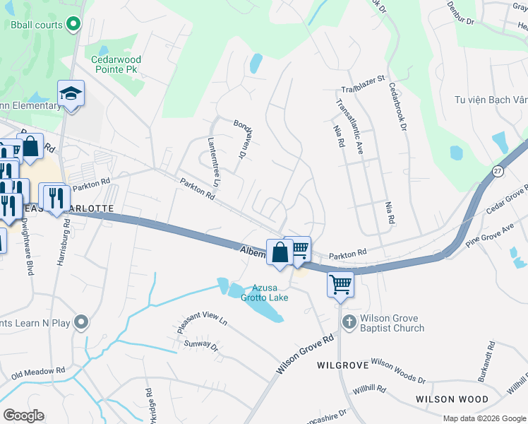 map of restaurants, bars, coffee shops, grocery stores, and more near 10020 1 Woodlake Court in Charlotte
