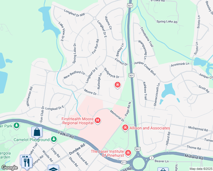 map of restaurants, bars, coffee shops, grocery stores, and more near 17 Regional Drive in Pinehurst