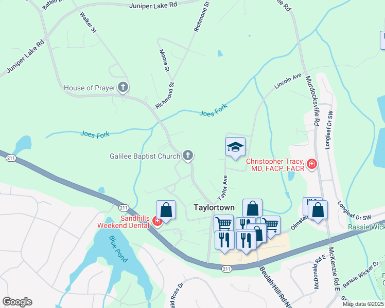 map of restaurants, bars, coffee shops, grocery stores, and more near Main Street in Pinehurst
