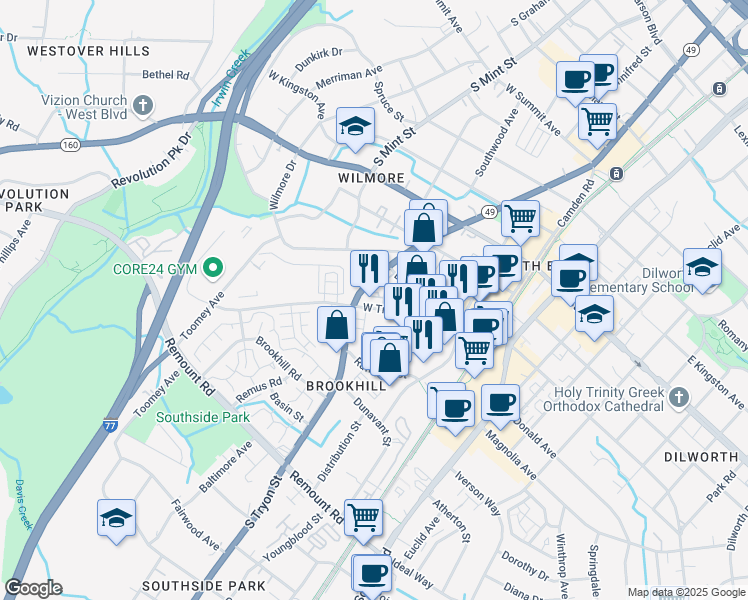map of restaurants, bars, coffee shops, grocery stores, and more near 340 West Tremont Avenue in Charlotte