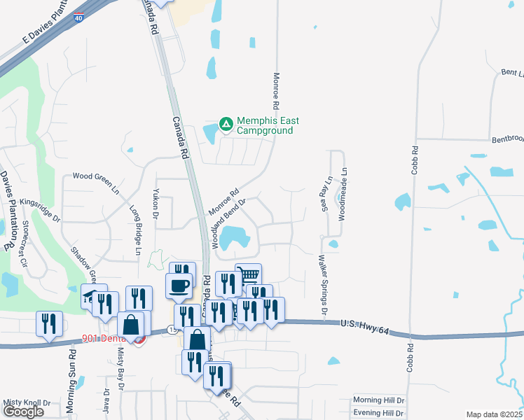 map of restaurants, bars, coffee shops, grocery stores, and more near 3149 Woodland Fir Drive in Lakeland