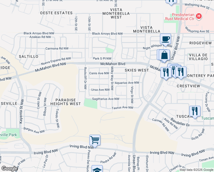 map of restaurants, bars, coffee shops, grocery stores, and more near 10636 Neptune Street Northwest in Albuquerque