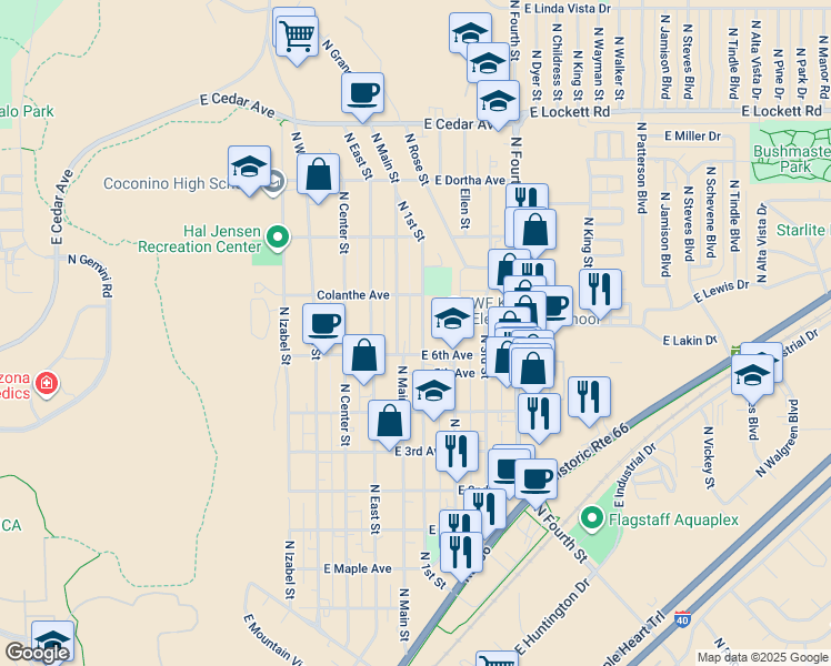 map of restaurants, bars, coffee shops, grocery stores, and more near 2100 East 6th Avenue in Flagstaff
