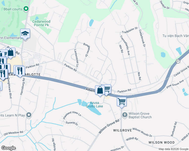map of restaurants, bars, coffee shops, grocery stores, and more near 10020 1 Woodlake Court in Charlotte