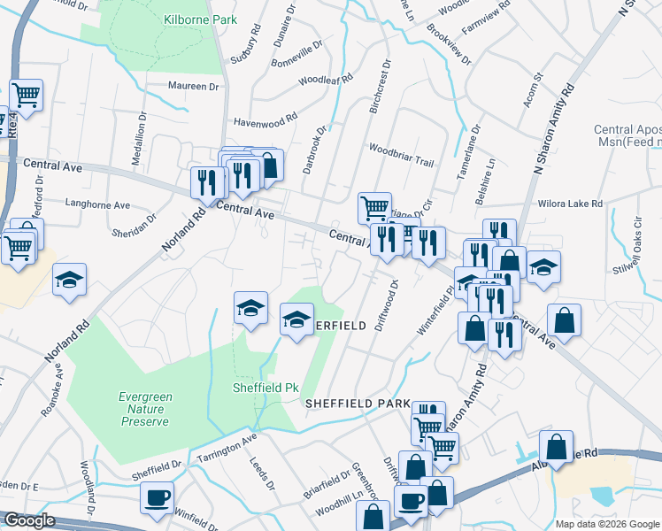 map of restaurants, bars, coffee shops, grocery stores, and more near 1511 Lansdale Drive in Charlotte