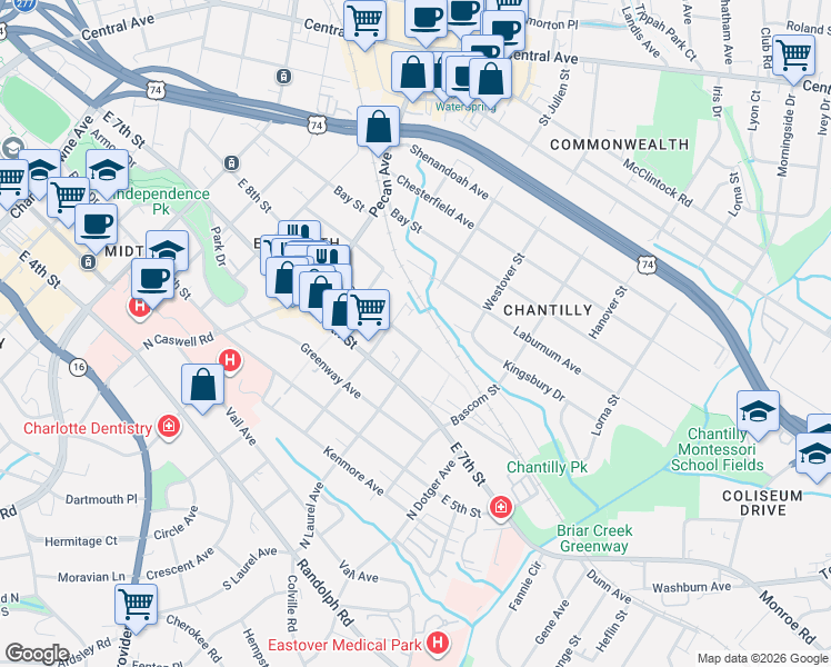map of restaurants, bars, coffee shops, grocery stores, and more near 2220 East 8th Street in Charlotte