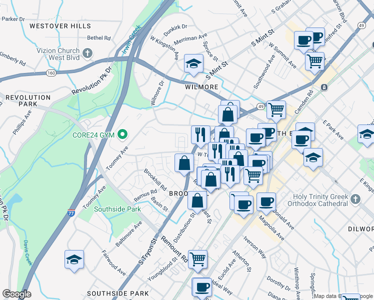 map of restaurants, bars, coffee shops, grocery stores, and more near 340 West Tremont Avenue in Charlotte
