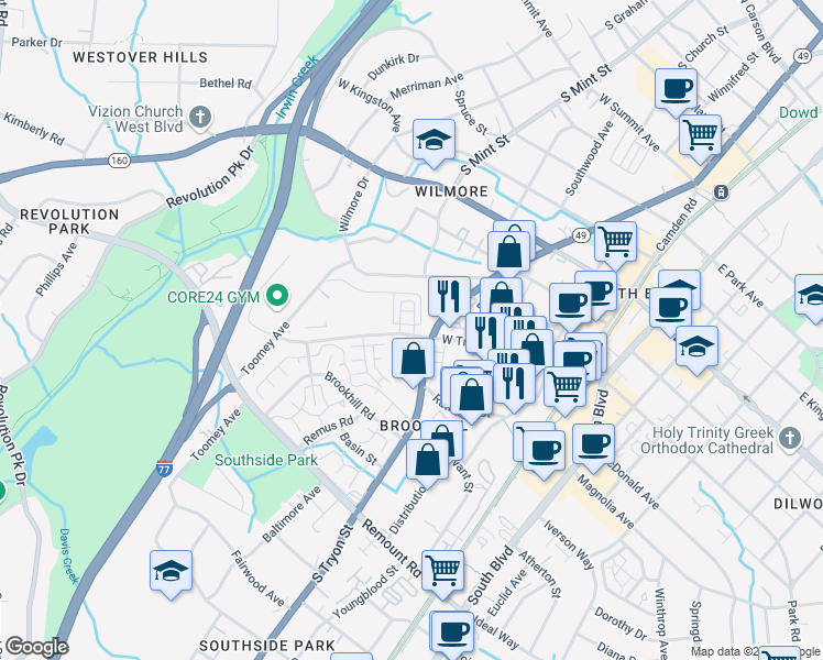 map of restaurants, bars, coffee shops, grocery stores, and more near in Charlotte