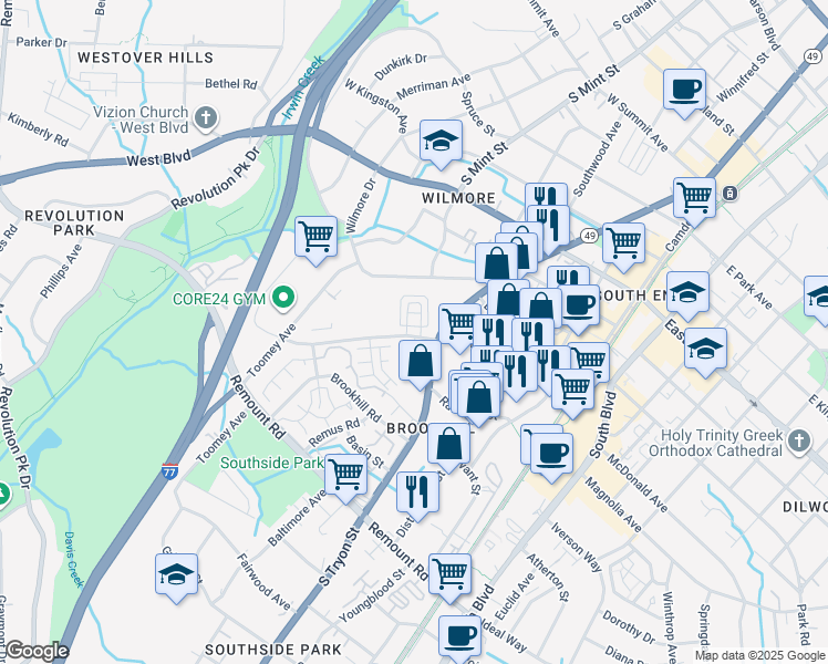 map of restaurants, bars, coffee shops, grocery stores, and more near 421 West Tremont Avenue in Charlotte