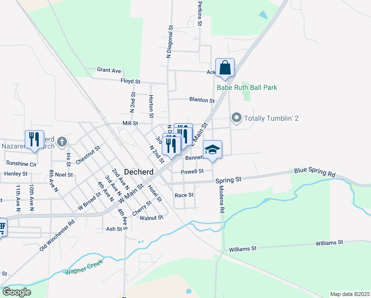 map of restaurants, bars, coffee shops, grocery stores, and more near 500 East Main Street in Decherd