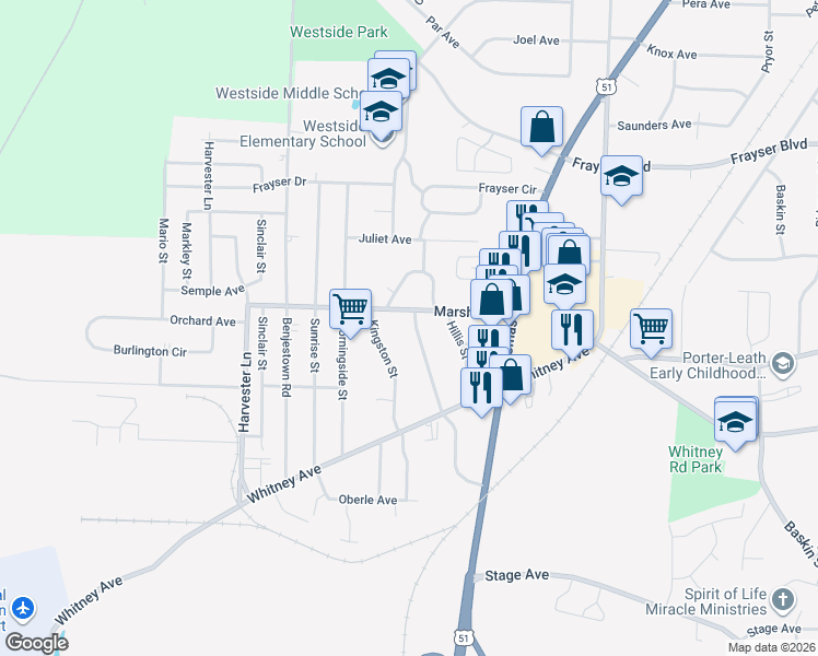 map of restaurants, bars, coffee shops, grocery stores, and more near 3129 Northgate Street in Memphis