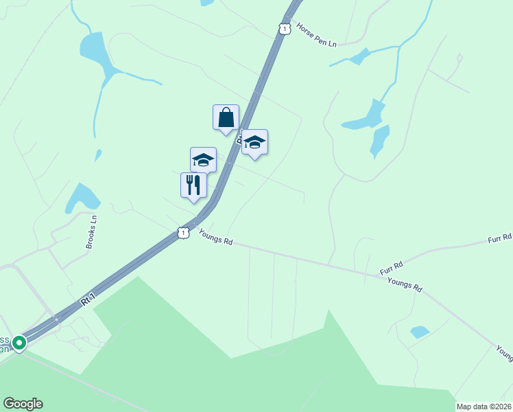 map of restaurants, bars, coffee shops, grocery stores, and more near 231 Youngs Road in Vass