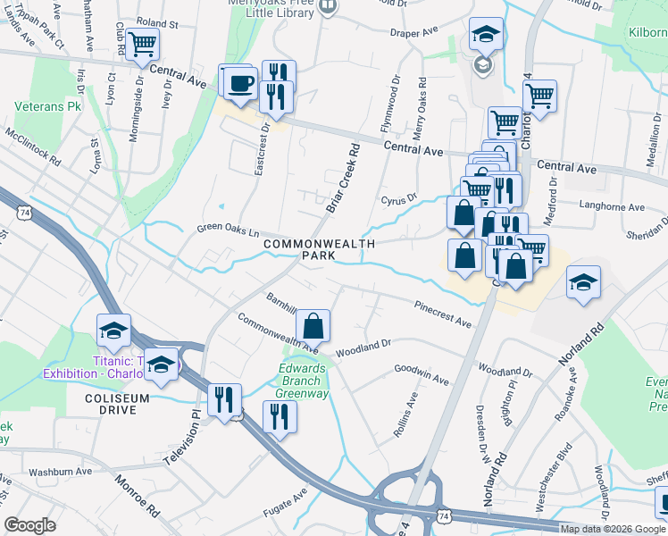map of restaurants, bars, coffee shops, grocery stores, and more near 1207 Patricia Avenue in Charlotte