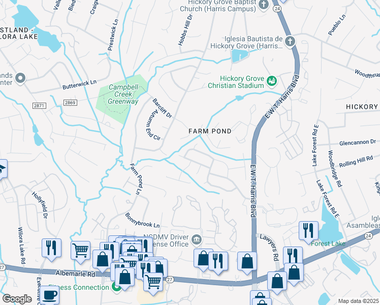 map of restaurants, bars, coffee shops, grocery stores, and more near 5633 Wallace Cabin Drive in Charlotte