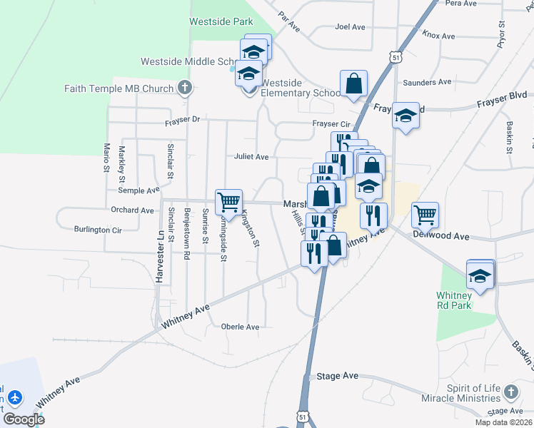 map of restaurants, bars, coffee shops, grocery stores, and more near 3129 Northgate Street in Memphis