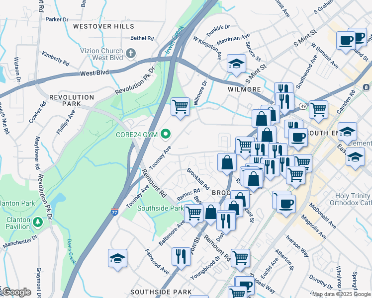 map of restaurants, bars, coffee shops, grocery stores, and more near 704 West Tremont Avenue in Charlotte