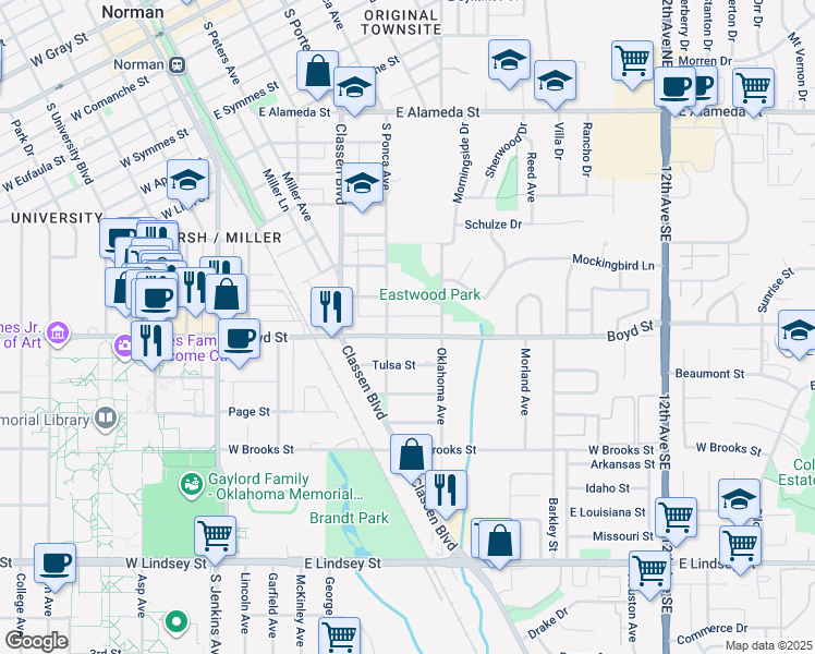 map of restaurants, bars, coffee shops, grocery stores, and more near 612 Boyd Street in Norman